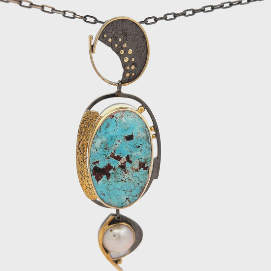 Load and play video in Gallery viewer, Large Turquoise &amp;amp; Gold Sterling Silver Pendant Necklace
