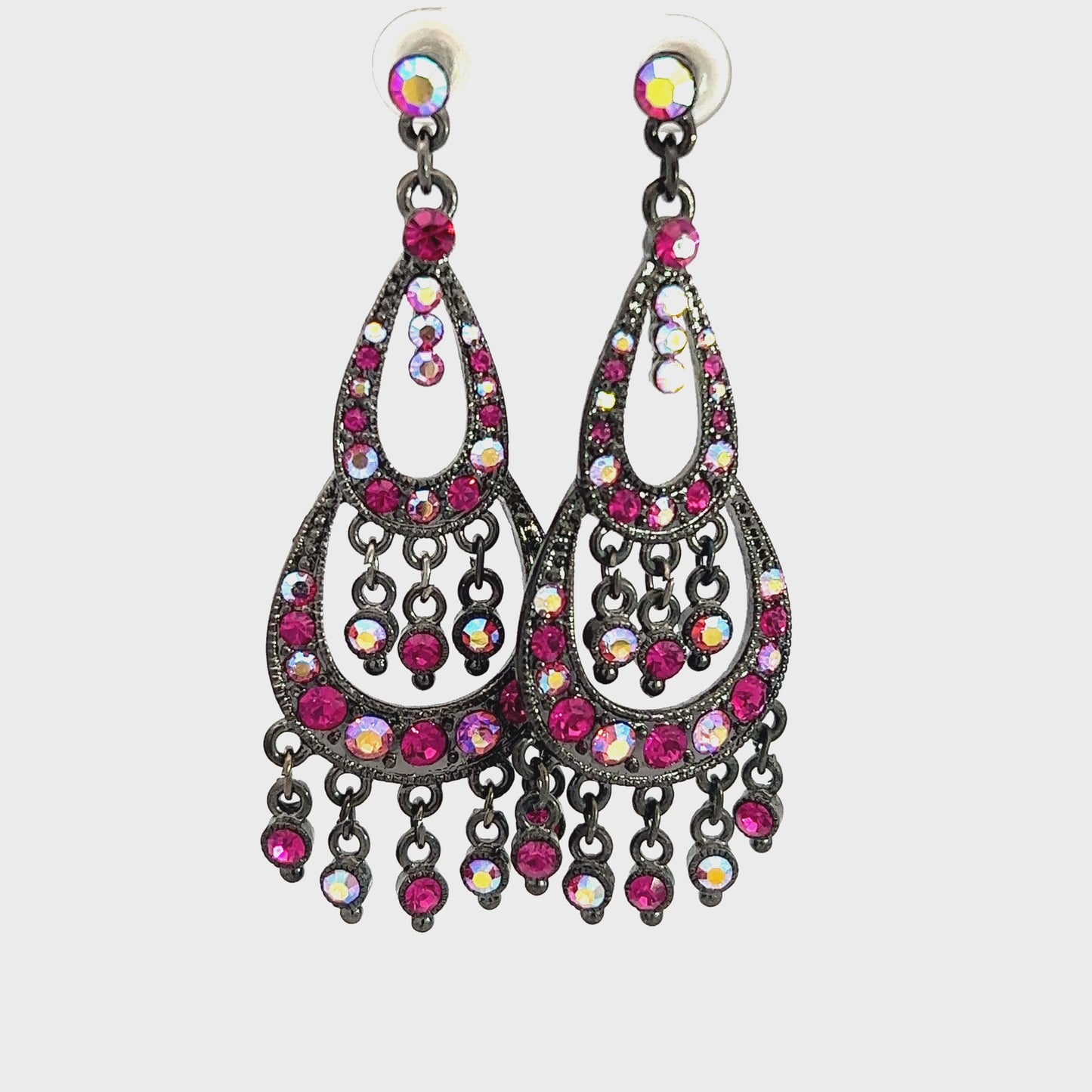 Load and play video in Gallery viewer, Pink &amp;amp; Iridescent Crystal Chandelier Statement Earrings
