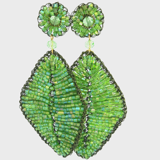 Load and play video in Gallery viewer, Green Crystal Leaf Statement Earring
