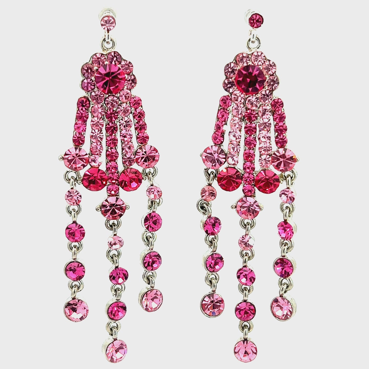 Load and play video in Gallery viewer, Pink Crystal and Silver Chandelier Earrings
