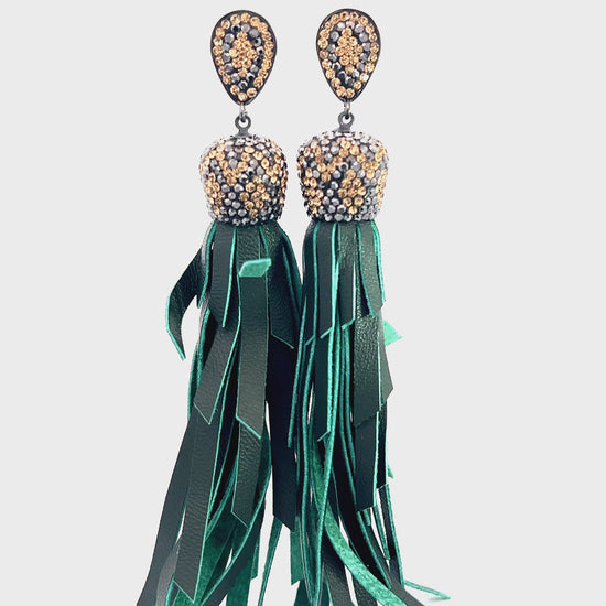 Load and play video in Gallery viewer, Green Leather Tassel Earring
