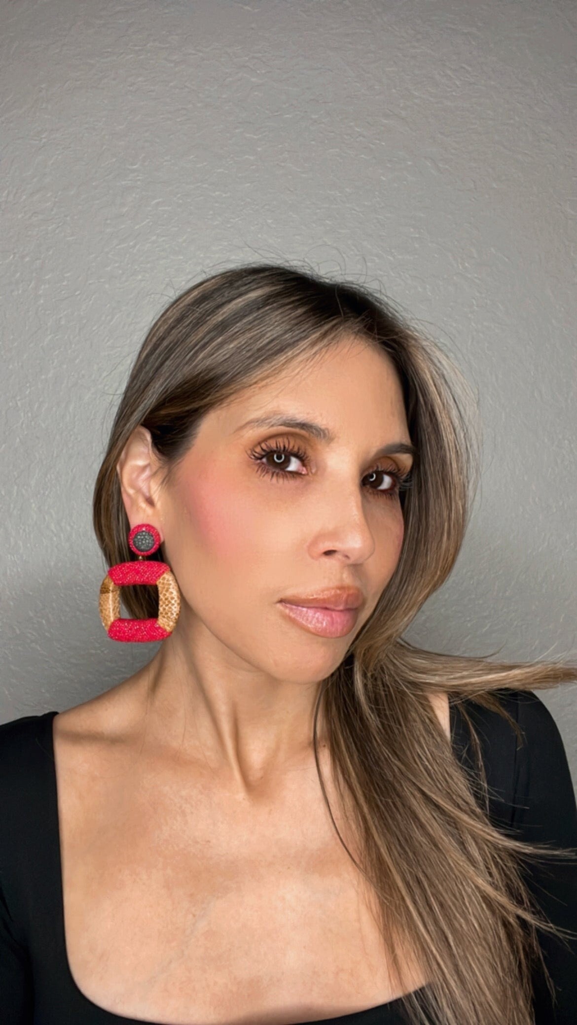 Load image into Gallery viewer, Red Crystal &amp;amp; Camel Leather Statement Earring - Born To Glam
