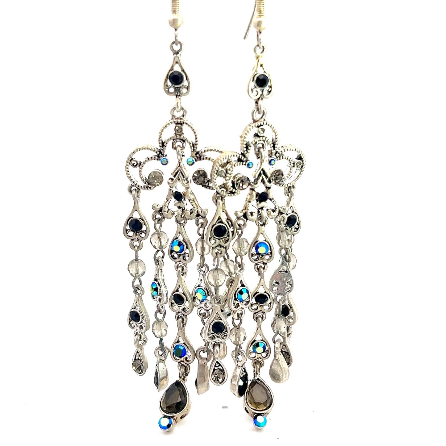 Black & Iridescent Crystal Long Silver Fringe Earring - Born To Glam