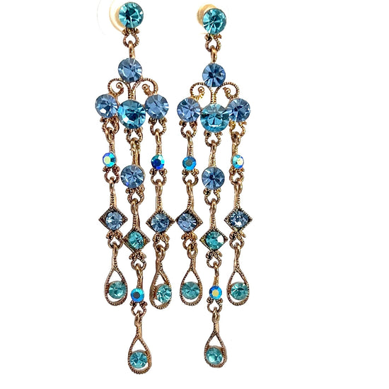 Load image into Gallery viewer, Blue Crystal &amp;amp; Gold Long Dangle Earring - Born To Glam

