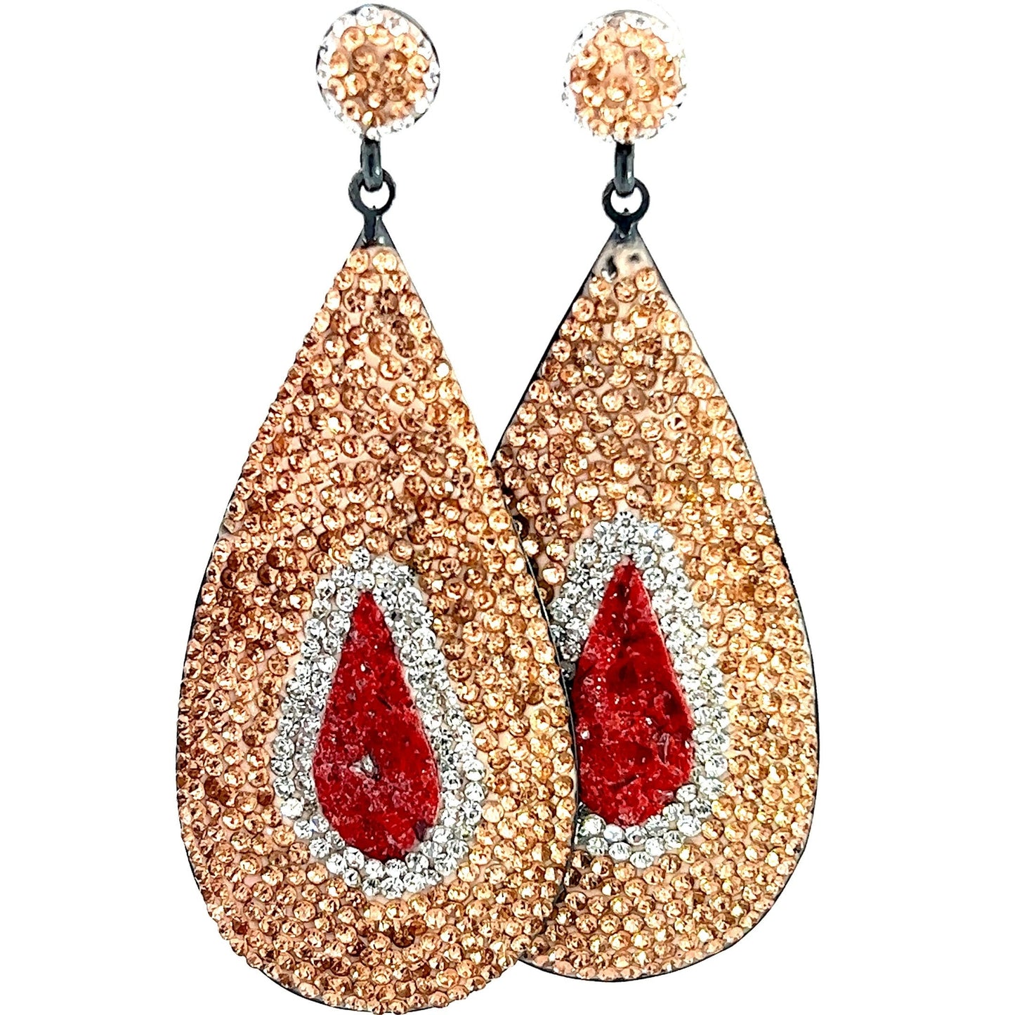 Coral and Gold Crystal Sterling Silver Teardrop Statement Earring - Born To Glam